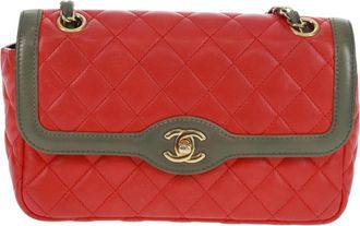 Chanel Two Tone Flap Quilted Lambskin Red Leather Handbag (Pre-Owned)