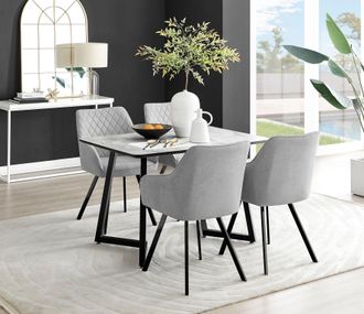 Furniturebox Carson White Marble Effect Dining Table & 4 Falun Black Leg Chairs in Light Grey