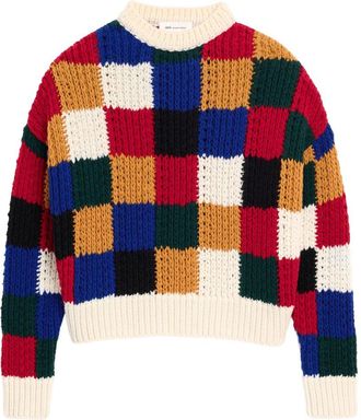 Ami Chunky Knit Sweater with Bold Checkered Pattern