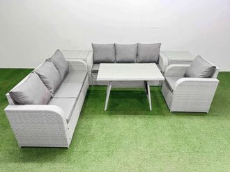 Fimous 6 Pieces Outdoor PE Rattan Garden Furniture with 2 Side Tables in Light Grey