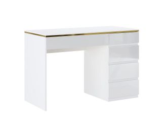 Vente-Unique Escritorio - 5 cajones - Blanco brillante y dorado - VUKIA