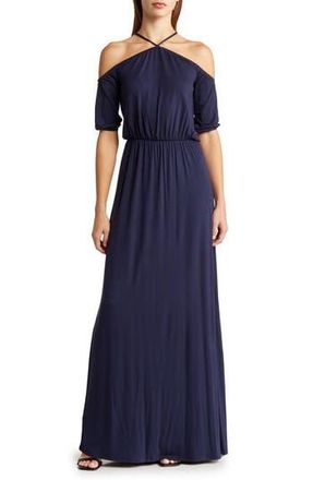Go Couture Tie Neck Maxi Dress in Navy at Nordstrom Rack, Size X-Large