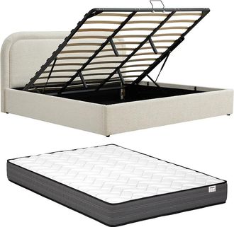 Vente-Unique Letto Con Contenitore 200 X 200 Cm Tessuto Bouclette Beige + Materasso - Fidozia