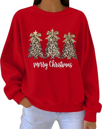 Generic Ladies Tops Casual Long Sleeve Loose Pullover Womens Christmas Sweatshirts Crewneck Xmas Tree Snowflake Print Cute Blouse Graphic Tees Trendy Jumper C