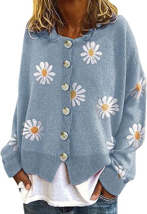 Generic Womens Knit Cardigans Sweaters Floral Print Long Sleeve Crew Neck Sweaters Button Down Ribbed Cuffs Knit Cropped Cardigan Fall Winter Cropped Cardigan