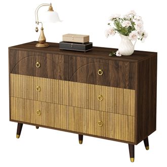 STILVORA Aparador Con 6 Cajones, Tiradores De Anilla Met&aacute;lica Dorada, Estilo Vintage, En Mdf, 120&times;40&times;81 Cm, Natural