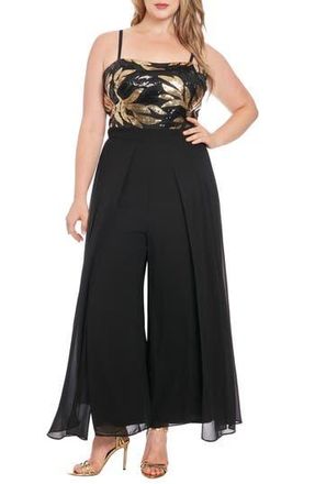 London Times Sequin Combo Overlay Wide Leg Jumpsuit in Black/Gold at Nordstrom Rack, Size 18W
