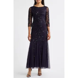Pisarro Nights Illusion Sleeve Beaded A-Line Gown in Deep Purple at Nordstrom Rack, Size 2