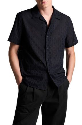 Vince Floral Eyelet Cotton Camp Shirt in Coastal at Nordstrom, Size Xx-Large