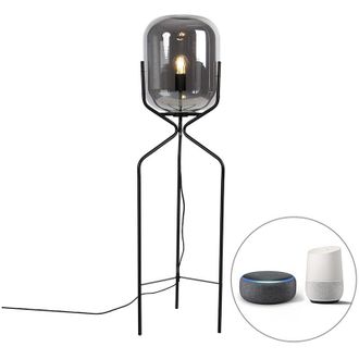 QAZQA Smart Floor Lamp Black Incl. WiFi A60 Smoke Glass - Bliss