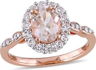 Mimi & Max Oval Shape Morganite, White Topaz and Diamond Accent Vintage Ring in 14k Rose Gold