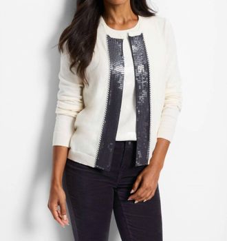 Nic+Zoe Sequin Trimmed Cardigan In Cream