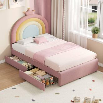 Matteo Pink Velvet Single Bed with Adjustable Rainbow Headboard & Storage