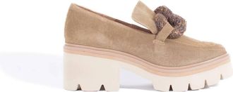 All Black Womens Link Lug Heeled Loafer In Camel