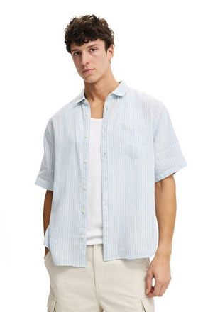 Cotton On Mens Relaxed Linen Short Sleeve Shirt in Sky Blue Stripe at Nordstrom, Size X-Large
