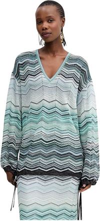 Missoni Chevron Lam&eacute; Viscose Blouse met Pailletten - Dames - V-hals truien - Blauw - M - Pailletten - Truien & Vesten
