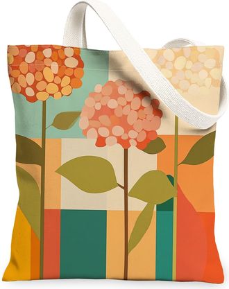 Generic Spring Aesthetic Hydrangea Canvas Tote Bag for Shopping 13x15, Funky Retro Floral Reusable Grocery Print Bag for Women Men, Abstract Flower Aesthetic 