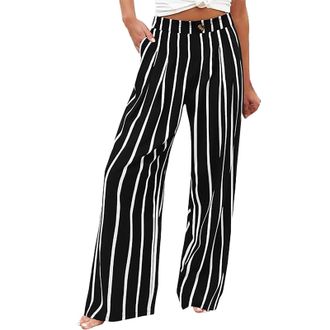 Generic Wide Leg Trousers for Women Plus Size Striped Print Summer Beach Trousers Loose Fit Lounge Pants Lightweight Palazzo Trousers High Waist Boho Trousers