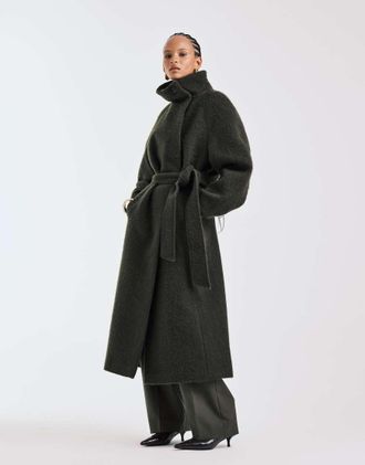 Asos Cappotto oversize in misto lana spazzolato premium color kaki con collo a imbuto-Verde