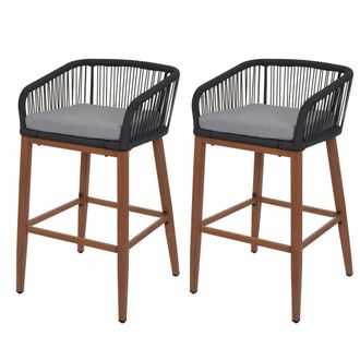 Hhg Hhg - Nunca Usado] Juego De 2 Taburetes De Bar De Cuerda 110, Asiento De Exterior De Cuerda De Metal Imitaci&oacute;n Madera, Antracita, Coj&iacute;n Gris Claro
