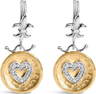 House of Brilliance 18K Yellow Gold Plated.925 Sterling Silver 1/8 Cttw Diamond Hammered Finished Medallion Heart Drop and Dangle Earrings