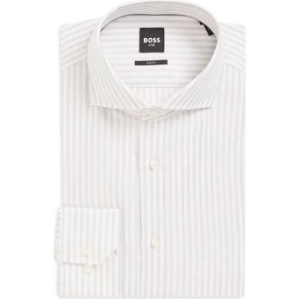 BOSS Hank Slim Fit Plaid Linen & Cotton Shirt in Open Beige at Nordstrom, Size 14.5