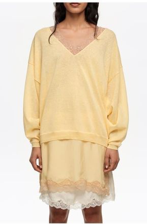 Bimba & Lola Long Linen Cotton Lace Sweater in Light Yellow at Nordstrom, Size Xx-Small Eu