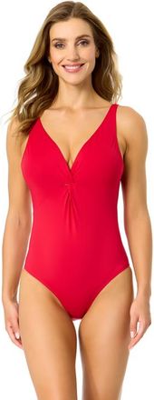 Anne Cole Womens Live In Color Solid Plunge Twist One Piece Swimsuit in Ruby Red at Nordstrom, Size 14