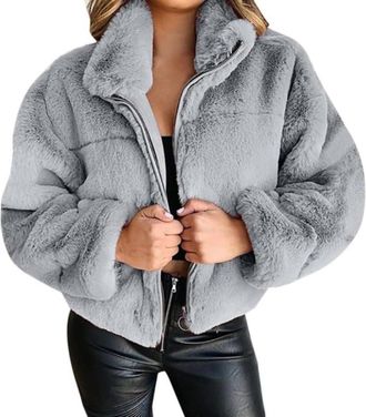 Generic Womens Fall and Winter Fluffy Collar Zipper Short Jacket Fashion Casual Furry Warm Loose Lapel Long-sleeved Faux Fur Coat (Grey,M)