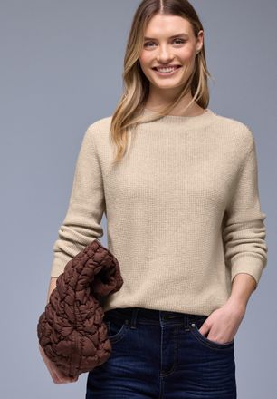 Street One Strickpullover STREET ONE, Damen, Gr. 34, cotton beige meliert, Strick, Obermaterial: 37% Baumwolle, 34% Polyacryl, 26% Polyester, 3% Elasthan, unifar
