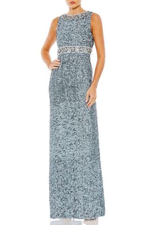 Mac Duggal Sequined Sleeveless Embellished Neckline Gown in Slate Blue at Nordstrom, Size 12