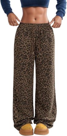 Generic 2025 Trousers Womens Leopard Pants Drawstring High Waisted Wide Leg Sweatpants with Pockets (Brown, XXXL)