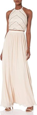 Aidan Mattox Halter Neck Two-Piece Long Dress In Champagne