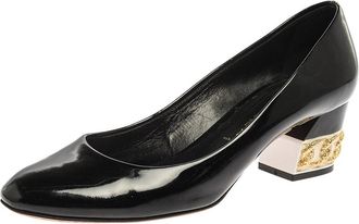 Casadei Black Patent Leather Chain Embellished Block Heel Pumps