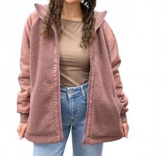 Mono B Sherpa Zip Up Long Bomber Jacket In Dark Mauve