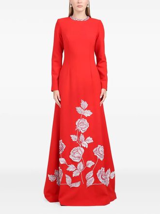Dina Melwani embellished-rose maxi dress - women - Polyurethane/Polyester - 46 - Red