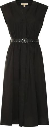 Michael Kors Kleedjes, Dames, Zwart, L, Katoen, Stretch Katoen Poplin Midi Jurk met Riem