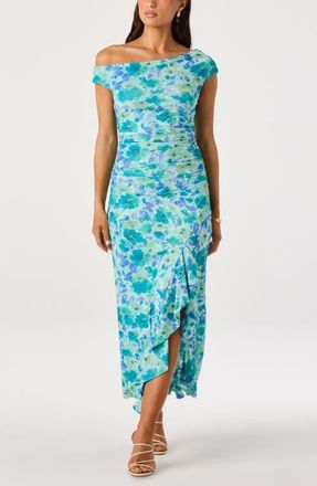 ASTR the Label Ruched One-Shoulder Maxi Dress in Blue Floral at Nordstrom, Size X-Small
