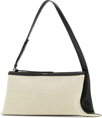 Jil Sander Womens Two-Tone Canvas And Leather Shoulder Bag Beige Cotton Linen