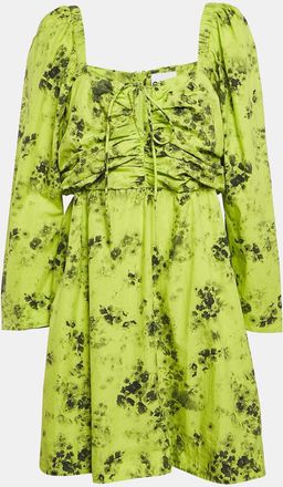 Ganni Ganni Green Floral Print Cotton Gathered Mini Dress