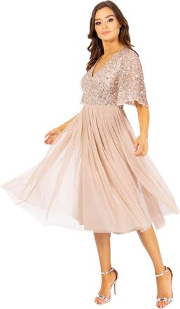 Maya Womens Womens Ladies for Wedding Guest V Neck Flutter Short Sleeve Sequin Embellishment Prom Bridesmaid Dress, Blush, 26 Plus UK