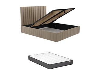 Pascal Morabito Cama arcón 160 x 200 cm con cabecero con costuras verticales - Terciopelo - Gris topo + colchón - LARALI de Pascal Morabito