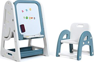 Costway Costway - Caballete Para Ni&ntilde;os Con Estantes Y Tablero Plegable Silla Para Ni&ntilde;os Pizarra De Blanco Con Letras Y N&uacute;meros Magn&eacute;ticos Para Habitaci&oacute;n Para