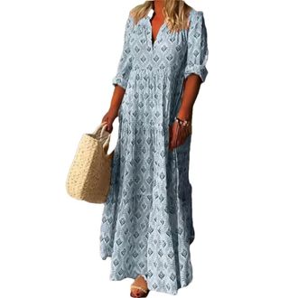 Generic Womens Stand Collar Shirt Dress Casual Loose Long Sleeve Boho Maxi Dress Print Beach Party Dresses 02 Blue L