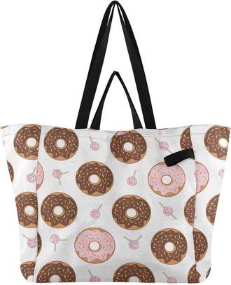 Generic Donuts White print Reusable Canvas Tote Bag, Heavy Duty Grocery Shopping Bag with Hard Bottom Large Capacity Double Handles Work Groceries Travel