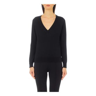 Liu Jo Truien & Vesten, Dames, Zwart, M, Wol, Zwarte Wollen Trui V-Hals Lange Mouw