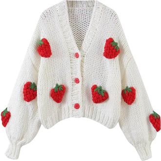 Generic Womens Sweet Japanese Strawberry Embroidered Knit Cardigan Top Korean Retro Elegant Cute Kawaii Coat Jumpers for Women uk