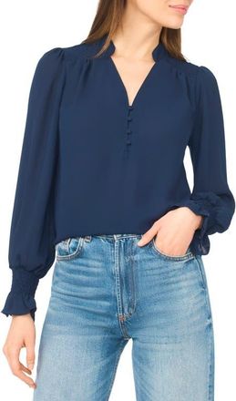 CeCe by Cynthia Steffe Half Placket Smocked Accent Top in Classic Navy at Nordstrom, Size X-Large