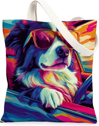 Generic Border Collie Dog Canvas Tote Bag for Shopping 13x15, Pop Aesthetic Funky Puppy Reusable Grocery Print Pattern Bag for Women, Cool Pet Beach Aesthetic