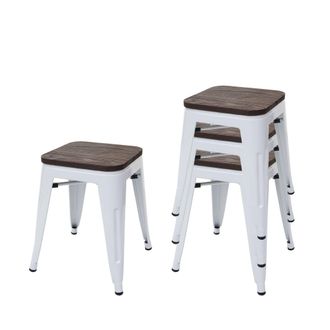 Hhg Hhg - Nunca Usado] Juego De 4 Taburetes 771 Incl. Asiento De Madera, Taburete De Metal Asiento Taburete, Metal Dise&ntilde;o Industrial Apilable, Blanco